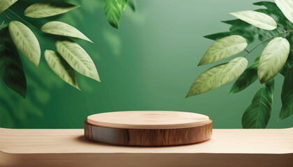 Vector Minimal modern product display on green background. Wood slice podium and green leaves. Concept scene stage showcase for new product, promotion, cosmetic, sale, banner, presentation.