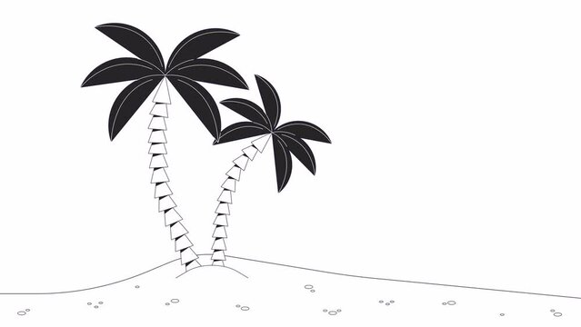 Palm trees sunset beach bw outline 2D object animation. Dreamy getaway. Tropical beach evening monochrome linear cartoon 4K video. Exotic resort on sandy coast animated item isolated on white