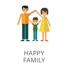 Young couple holding hands over son isolated on white. Colored flat vector icon of happy family. Human relationship concept