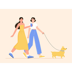 two young girls walking a dog on leash. Characters illustration