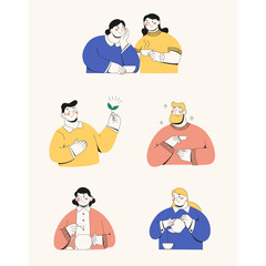 Set of various characters drinking tea. Cartoon hand-drawn comic style