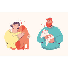 People love own pets concept. Woman hugging a dog. Man holding a cat - 644898873