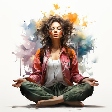 A young woman practicing meditation in the lotus yoga posture, carried away by a mystical trance, grace, awareness, mindfulness, awakening - Colored watercolor illustration, isolated on white