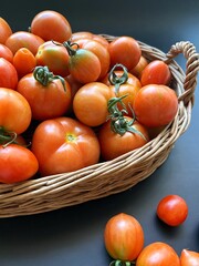 fresh tomatoes, harvested tomatoes in a basket, summer harvest, tomatoes of various sizes, small tomatoes, harvest from the garden