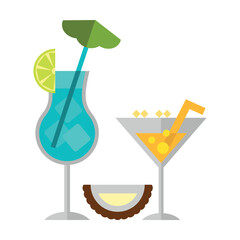 Festive alcoholic drinks vector. Cocktails in crystal glasses. Multicolored flat vector icon representing celebration concept isolated on white background