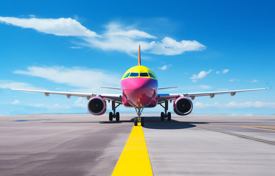 An airplane in rainbow colors on tarmac with a yellow line in the middle. Creative concept for freedom of opinion and movement. Generative AI