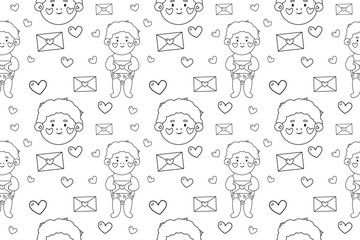 Seamless pattern with outline or doodle kids and kids faces, hearts and love letters 