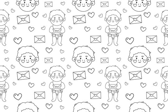Seamless pattern with outline or doodle kids and kids faces, hearts and love letters 