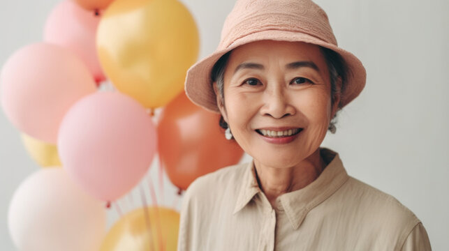 A joyful elderly lady celebrating her birthday with a cake in a studio. Generative AI