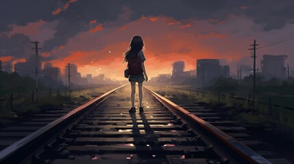 Fototapeta na wymiar Alone Anime girl, Walking the Lonely Railway of Love and Loss