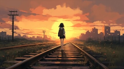 Fototapeta na wymiar Alone Anime girl, Walking the Lonely Railway of Love and Loss