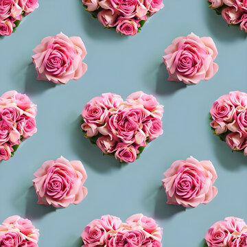 Pattern of pink roses on a blue background.