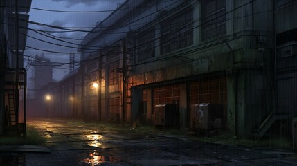 Obraz premium Anime Industrial Complex of Eerie Decay and Flickering Lights.