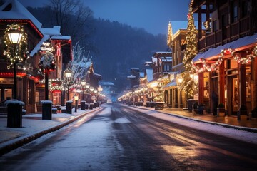 Gatlinburg Tennessee street illuminated during Christmas with snowy surroundings. Generative AI