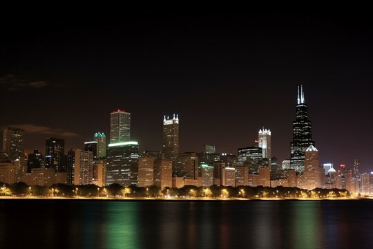 An image of Chicago's skyline at night. Generative AI
