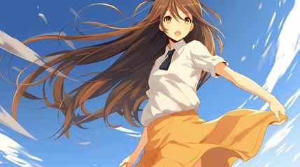  Anime Girl with Long Hair - Japanese Manga Style, Full Body, High School Student.