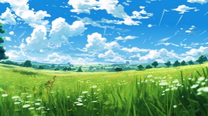 Sunny Anime landscape of Clear Sky and Vibrant Fields.