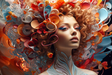 Beautiful girl with creative hairstyle and make-up. 3d rendering.