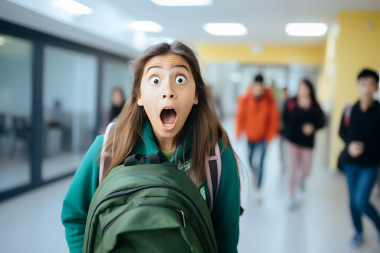 Expressive teenager girl in school, being surprised, teen emotions or teen moods concept. Generative AI