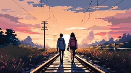 Anime Couple Walking on Railway Track - Love and Happiness.