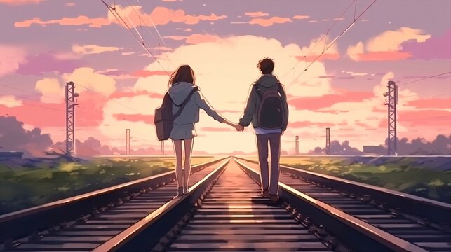 Anime Couple Walking on Railway Track - Love and Happiness.