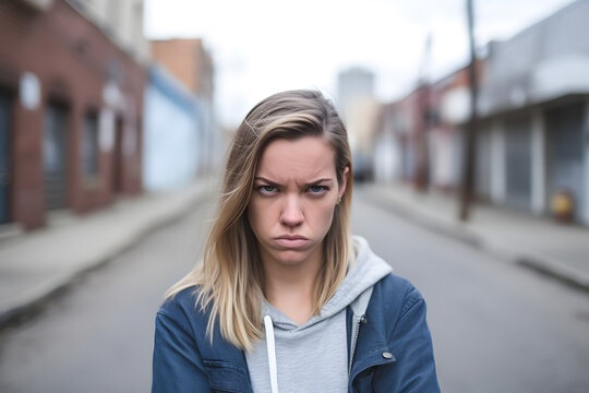 A young girl being skeptical, shot in an urban environment, emotions or moods concept. Generative AI