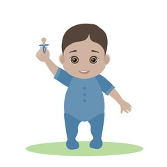 Baby boy showing pacifier. Brown eyes, brown hair,caucasian. Front, standing. Vector flat illustration. Cartoon people design. Suitable for animation, using in web, apps, books, education projects. 