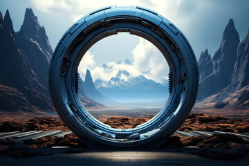 Futuristic sci-fi landscape with a round frame. 3d ilustration, mock-up