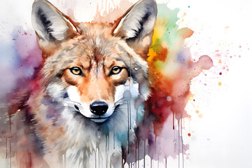 Modern colorful watercolor painting of a coyote or wolf, textured white paper background, vibrant paint splashes. Created with generative AI
