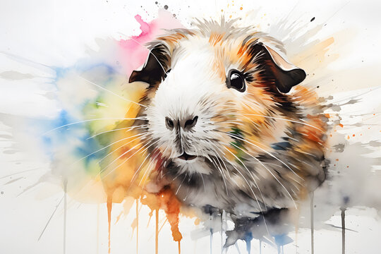 Modern colorful watercolor painting of a guinea pig, textured white paper background, vibrant paint splashes. Created with generative AI