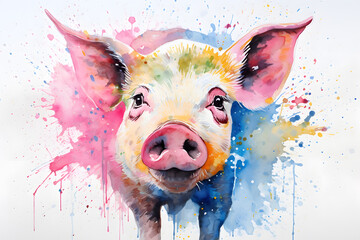 Modern colorful watercolor painting of a pig, textured white paper background, vibrant paint splashes. Created with generative AI