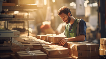 Warehouse worker checking boxes. Overtime employee meeting shipping deadlines - obrazy, fototapety, plakaty