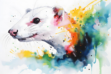 Modern colorful watercolor painting of a weasel, textured white paper background, vibrant paint splashes. Created with generative AI