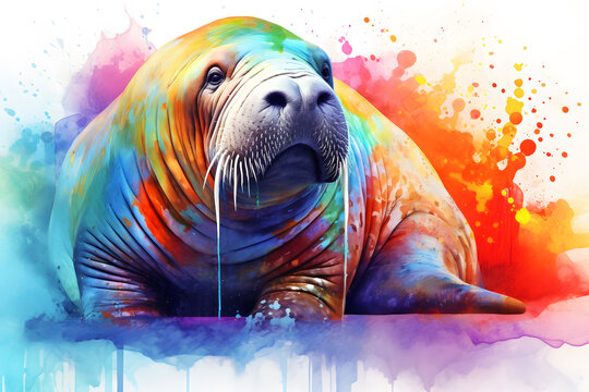 Modern colorful watercolor painting of a walrus, textured white paper background, vibrant paint splashes. Created with generative AI