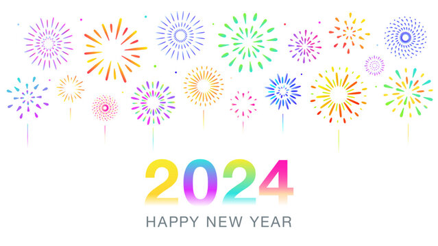 2024ハッピーニューイヤーの花火でお祝いの年賀状ベクター白い背景素材