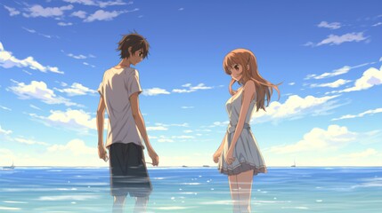 Beach Romance Anime Couple in Swimwear, Love and Affection, Boyfriend and Girlfriend, Asia.