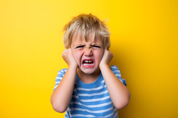 Studio portrait of a little boy being upset and crying, isolated on colorful background. Kids emotions or moods concept. Generative AI