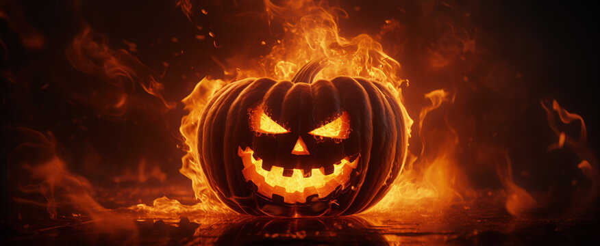 AI-generated image of a Jack-o'-lantern Halloween pumpkin in flames. Sinister grin carved haunting the collective imagination with spectral, ghostly charm embodying true essence of  Halloween spirit