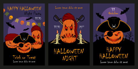 Set of vector illustrations for Halloween with the image of pumpkins. Evil pumpkin pirates. Design elements for invitation, flyer, postcard, banner, poster, flyer.