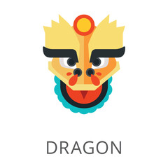 Chinese dragon mask as symbol of New Year flat vector icon. Cartoon drawing or illustration of traditional symbol on white background. Traveling, vacation, tourism, China concept