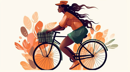 Watercolor Painting of Stylish Woman Riding Bicycle with Basket on Vibrant Autumn Leaves Background