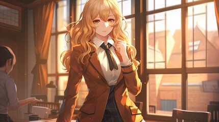 Anime Woman in Professional Attire with Indoor Background.