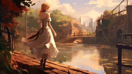 Obraz premium Anime Woman in Professional Attire Walking by the Riverside.