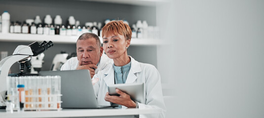 Science, banner and team with technology in laboratory to research solution, investigation and...