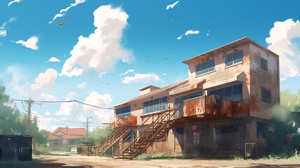 Fototapeta premium Anime School Playground, Blue Sky, White Clouds, and Sunlight.