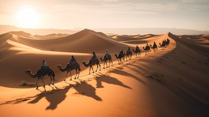 Fototapeta na wymiar Moroccan Desert Sunset, Camel Train in Sand Dunes.