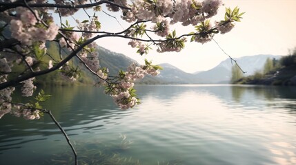 Obraz na płótnie Canvas Cherry Blossom Lake, Spring Landscape, Photorealistic.