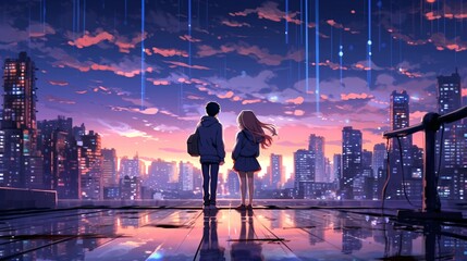 Anime Couple in Love, City Background, Romantic Boyfriend and Girlfriend. - obrazy, fototapety, plakaty