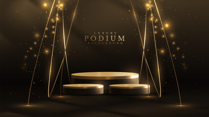 Gold podium empty on dark scene with ribbon element for products presentation and spotlight effect and beam decoration and bokeh. Luxury award ceremony background.