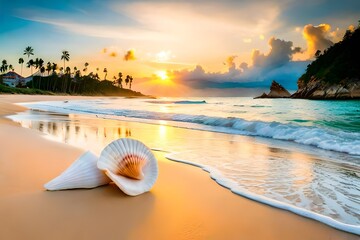 Fototapeta na wymiar starfish on the beach,Landscape with seashells on tropical beach.